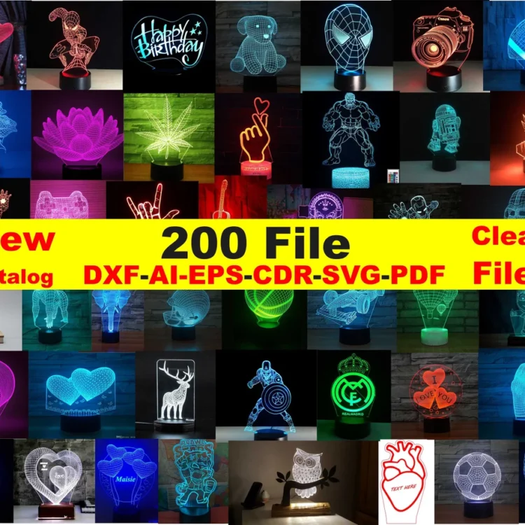 200 file 3d led lamp, 3d led light, 3d led lamp dxf, 3d led cnc file laser, 3d led lampe de nuit, 3d illusion led lamp vector file, 3d illusion led lamp